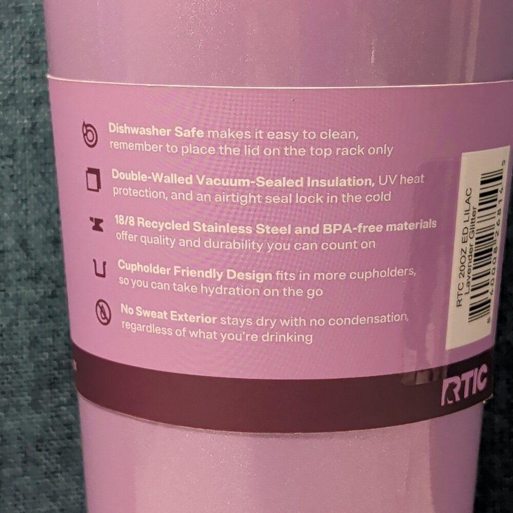 NEW RTIC 20oz Ceramic Lined Tumbler | Lavender Glitter | Everyday Straw Lid - Picture 8 of 16
